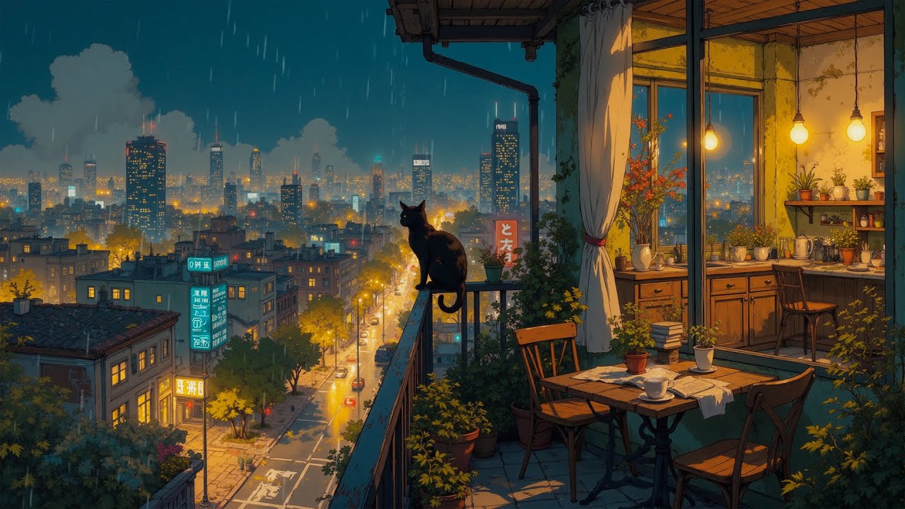 Lofi Balcony in Japan Rainy 🌧️🐾 Cozy Cat & City Lights | Relaxing Lofi Ambience for Study & Sleep