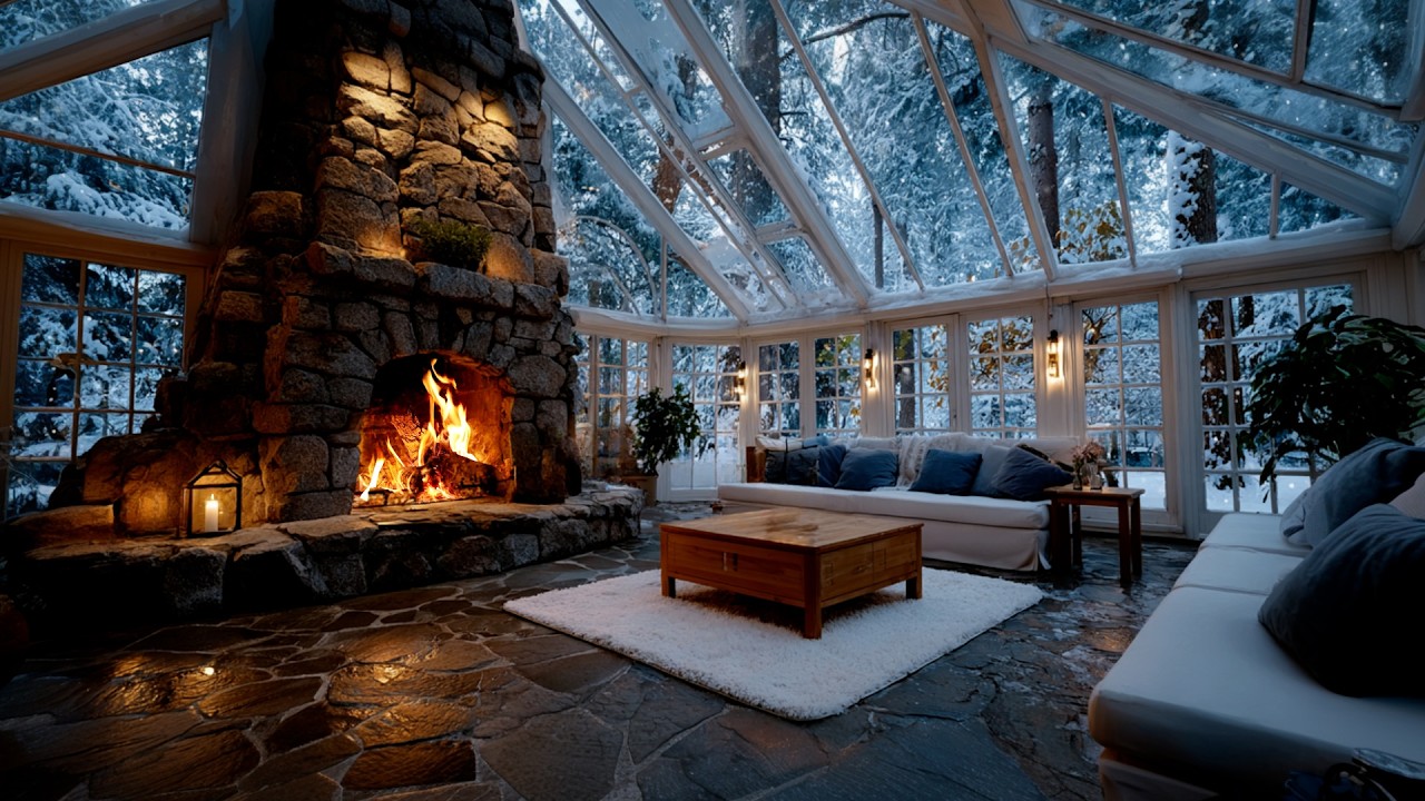 Freezing Snowstorm Outside the Window with Warm Crackling Fireplace | Cozy Room Ambience to Relax