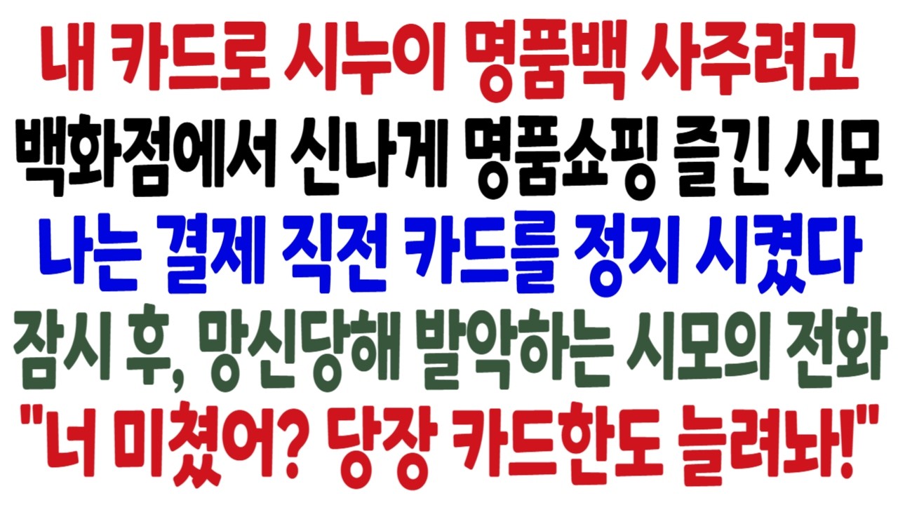 내 카드로 시누이 명품백 사주려고 백화점에서 신나게 명품쇼핑 즐긴 시모 나는 결제 직전 카드를 정지 시켰다 잠시 후, 망신당해 발악하는 시모의 전화