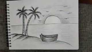 Easy Sunset Scenery Drawing for Beginners 🌅 Palm Tree & Boat Sketch Tutorial #shorts