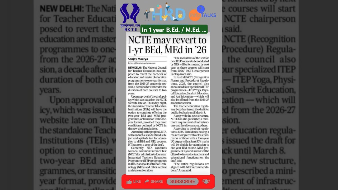 NCTE Proposes Reverting B.Ed and M.Ed to One-Year Duration from 2026