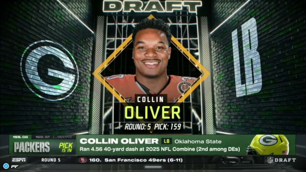The Green Bay Packers draft pass rusher Collin Oliver 159th overall in the 2025 NFL Draft