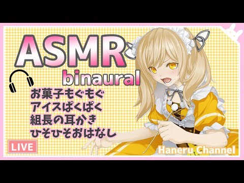 【ASMR＊ヘッドホン推奨】組長の耳かき＆アイスぱくぱくお菓子もぐもぐbinaural LIVE/ear clearning【因幡はねる / あにまーれ】