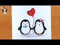 Two penguins love drawing  penguin drawing  drawing  simple art with rose  love drawing
