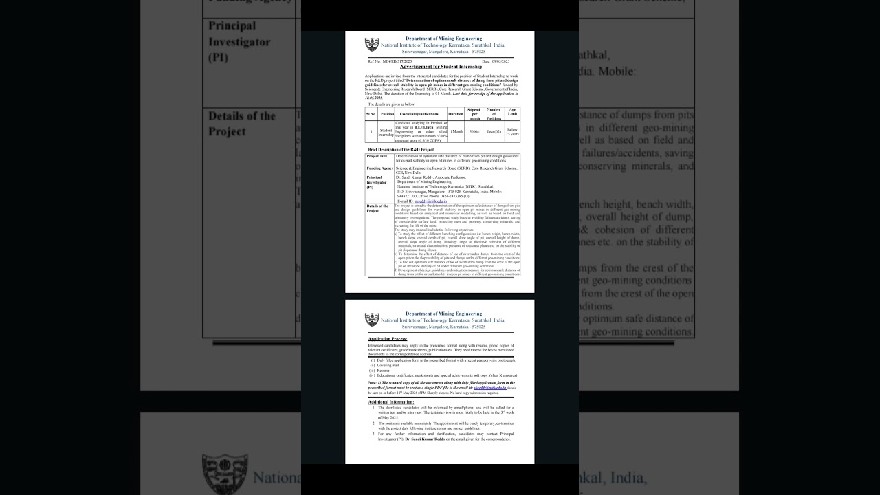 Advertisement for Student Internship at NITK 