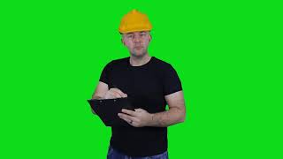 Construction Worker Using Write Board -  Green Screen - Free Use