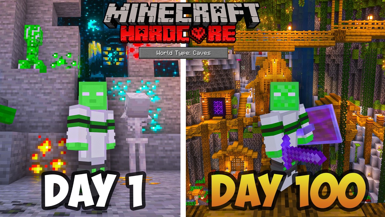 I Survived 100 Days in a Cave with NO ARMOR in Hardcore Minecraft