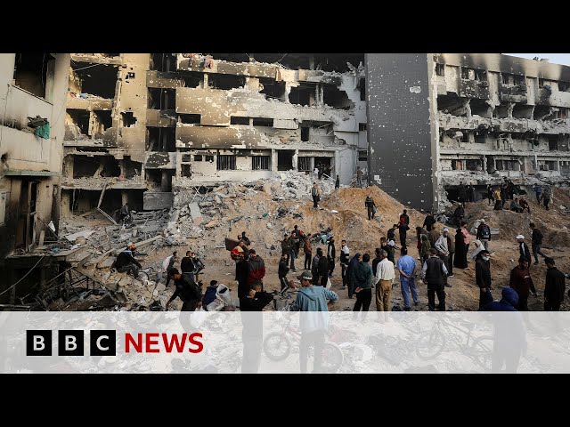 Mass graves at hospital in Gaza after Israel withdrew its forces | BBC News class=