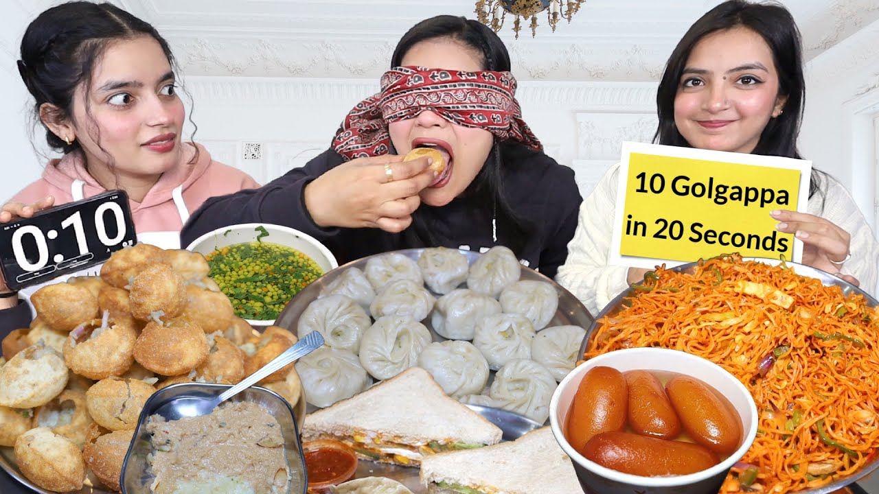 Blindfold Street Food Eating Challenge | Golgappa, Paneer Momos, Singapore Noodles🔥, Sandwich, Sweet