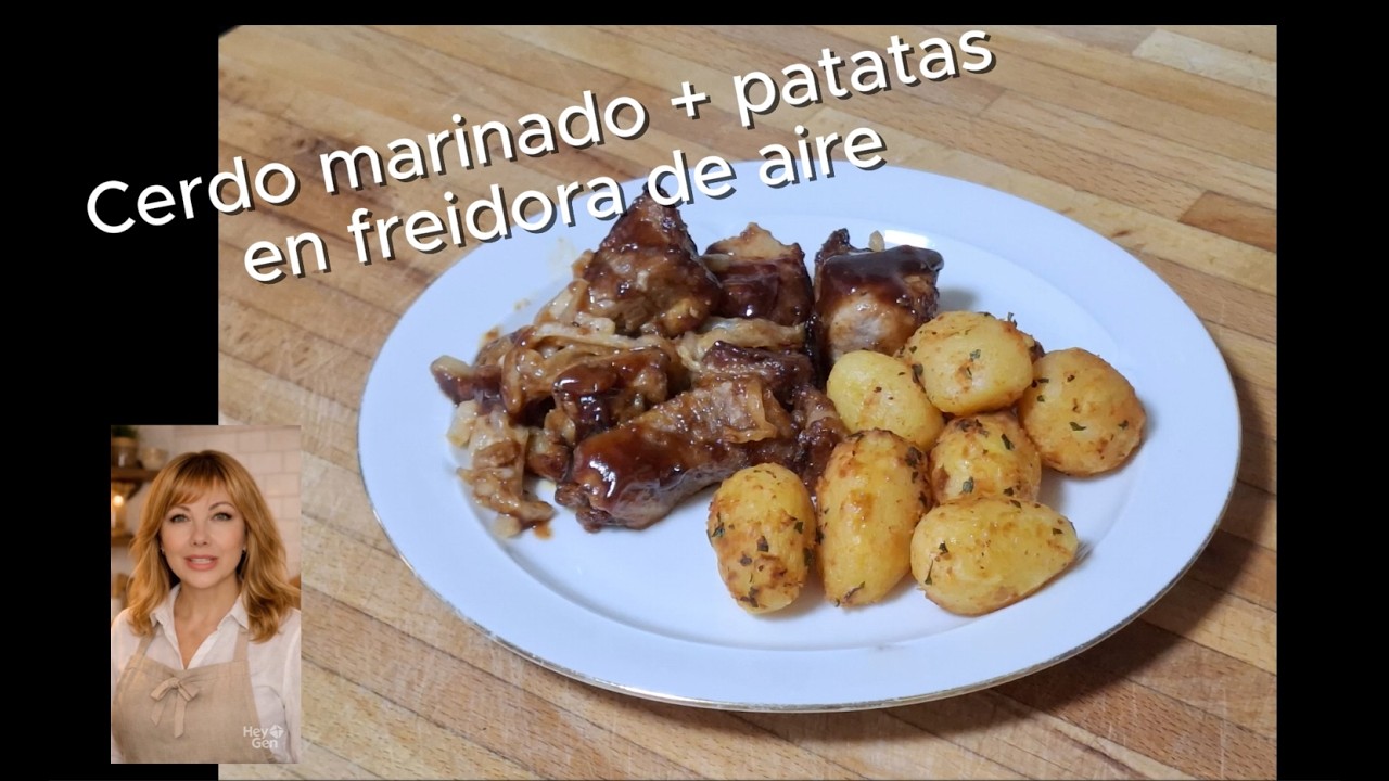 Cerdo jugoso en freidora de aire con patatas crujientes 🥔🍖 Menú completo fácil