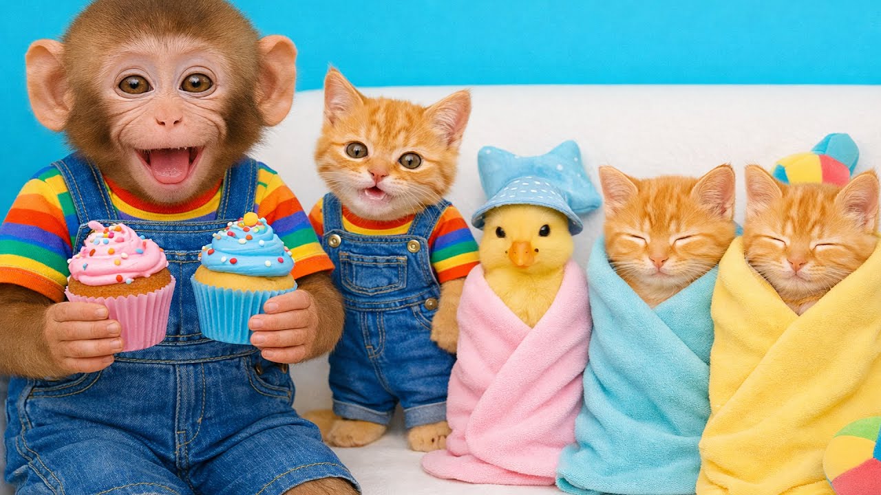 Mono pinta la casita y disfruta snacks con gatitos en el campo | Mono NonNon ESP