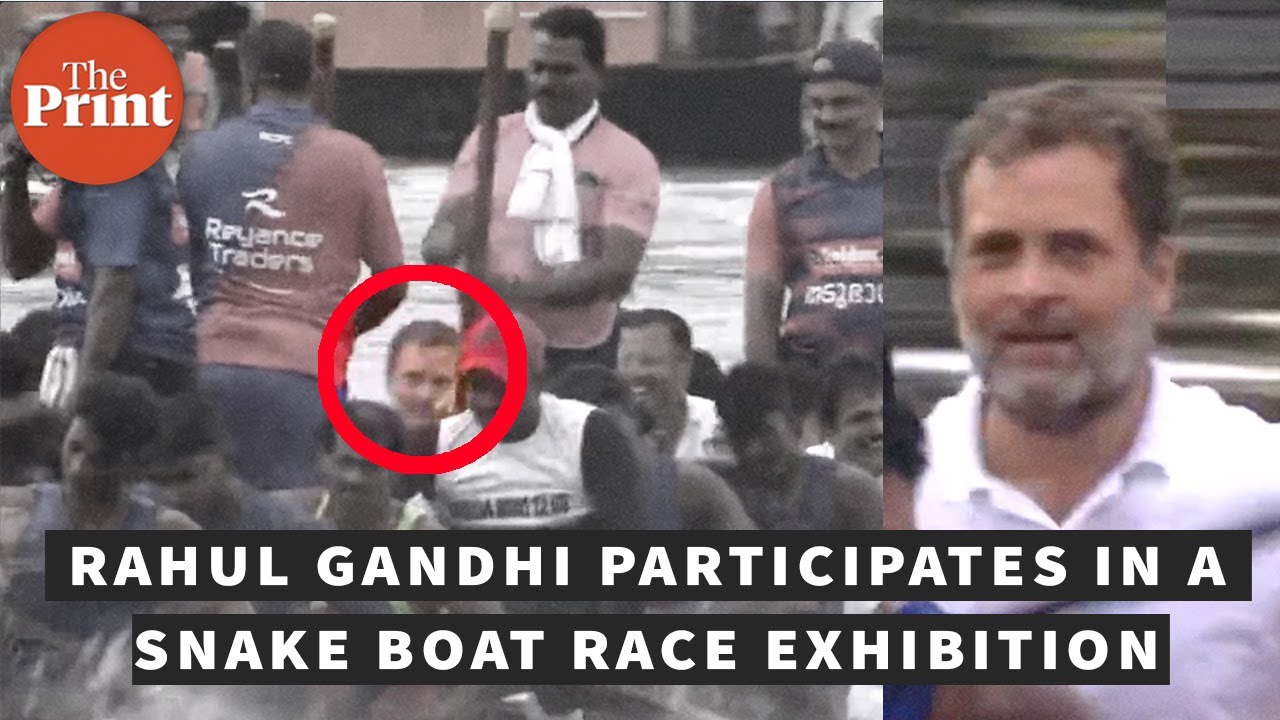 Rahul Gandhi participates in a snake boat race exhibition in Punnamada Lake, Kerala