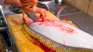 【高級魚】天然活き鮃のボルケーノソース刺身の作り方！職人技 日本 K&#39;s kitchen 神戸 How to cook natural live Japanese flounder sashimi!