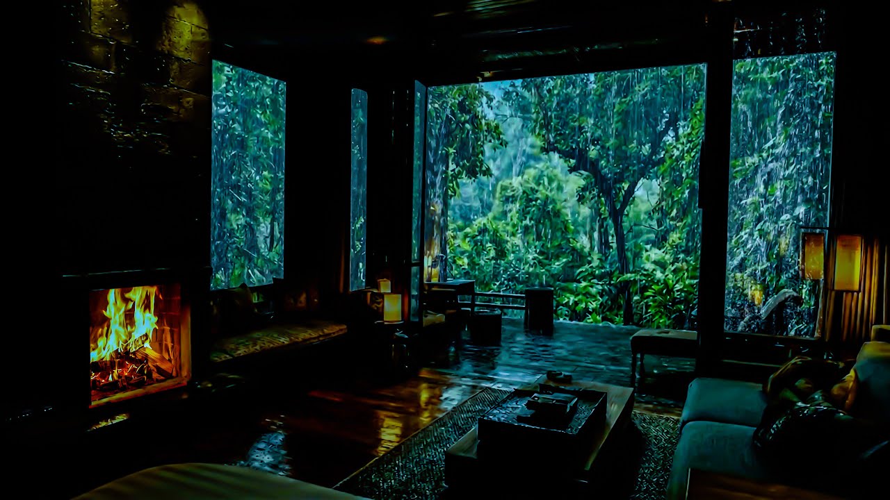 Relax & Deep Sleep with Heavy Rain & Crackling Fireplace in Forest Cabin | ASMR Nature Rain