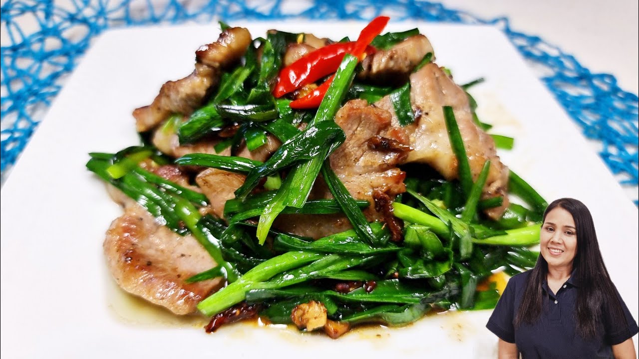 อาหารญี่ปุ่นเมนูง่ายๆ ทำตามใด้ ต้นกุยช่ายผัดเนื้อหมูติดมัน(สันคอหม)ป้าทัยjapan