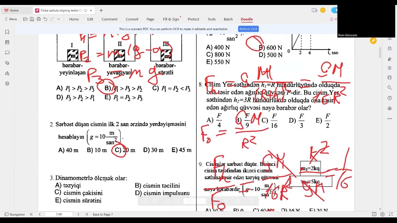 Ağırlıq qüvvəsi. Ümumdünya cazibə qanunu. Qəbulda istifadə olunmuş SUALLAR