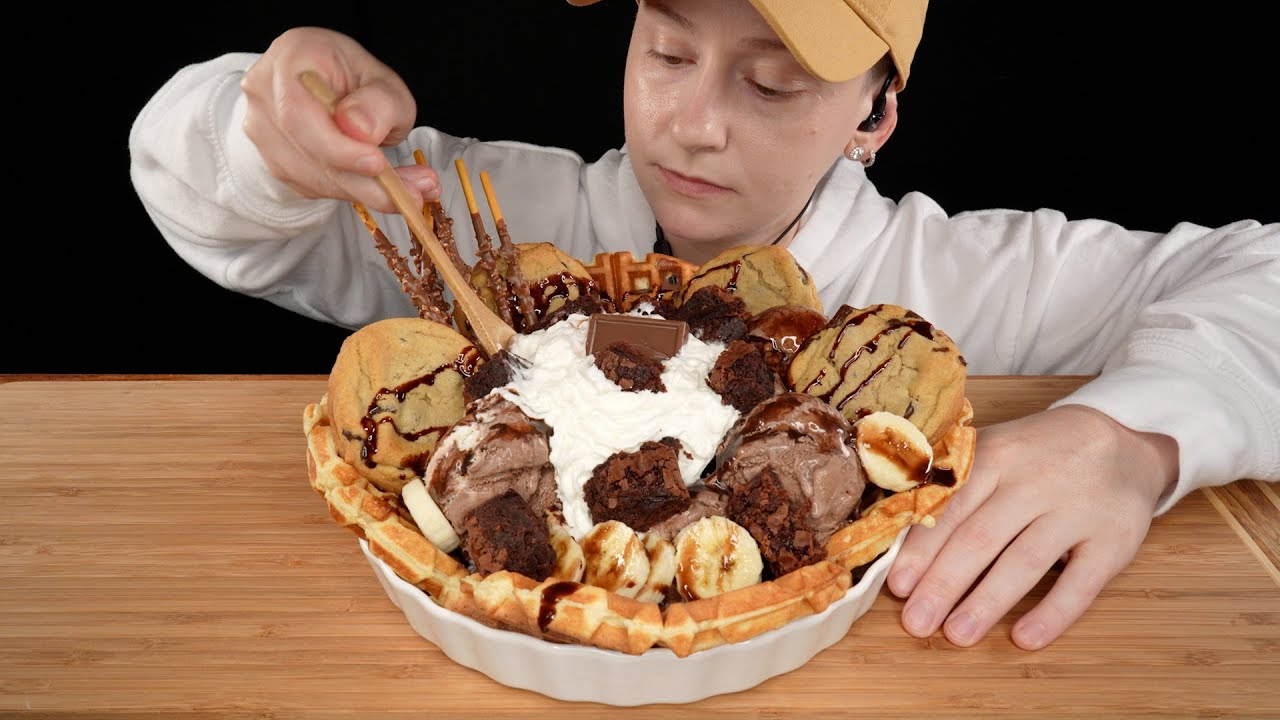 ASMR Ice Cream Sundae Mukbang *Chocolate Chip Cookies, Fudge Brownies, Waffles, Whipped Cream