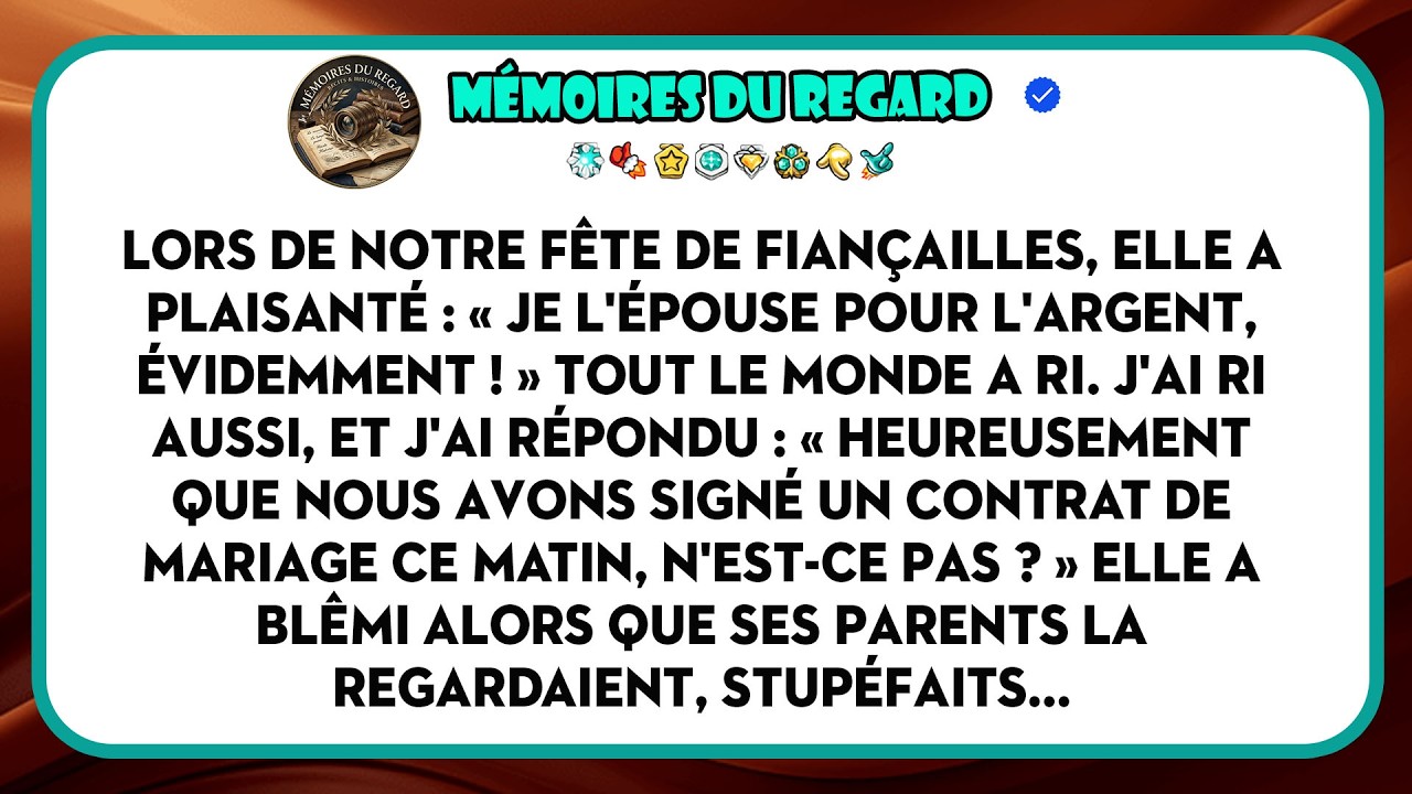 Le jour de ma fête de fiançailles, devant 150 invités, ma future femme a levé son verre et a dit : « Je l’épouse pour son argent, évidemment. » Tout le monde a ri. Moi aussi. Puis j’ai répondu,...
