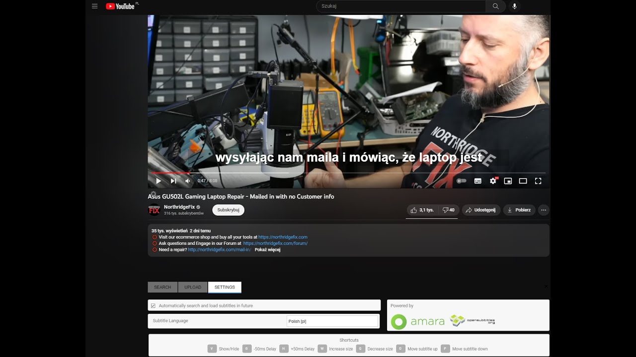 Nałożenie napisów do filmu na Youtube. Rozwiązanie na brak