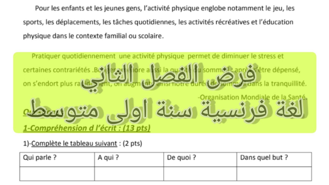 فرض الفصل الثاني لغة فرنسية سنة اولى متوسط