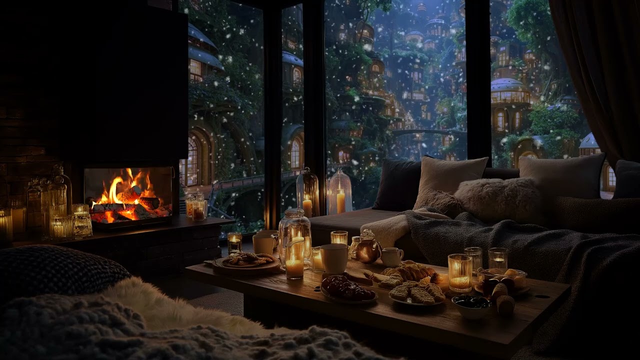 (No Ads) Gentle Piano Music with Fireplace Ambience for Night Relaxation