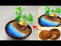 Diy mini beach in coconut shell  waste material craft step by step