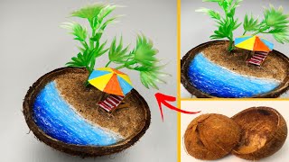 Diy mini beach in coconut shell // waste material craft step by step