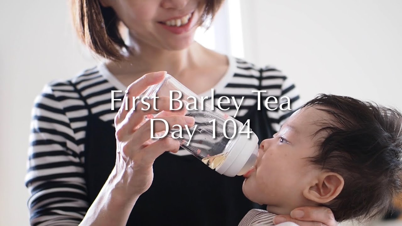 #511【First Barley Tea Day 104】is lookin' good ! 生後3ヵ月104日目．初めて麦茶を飲む ...