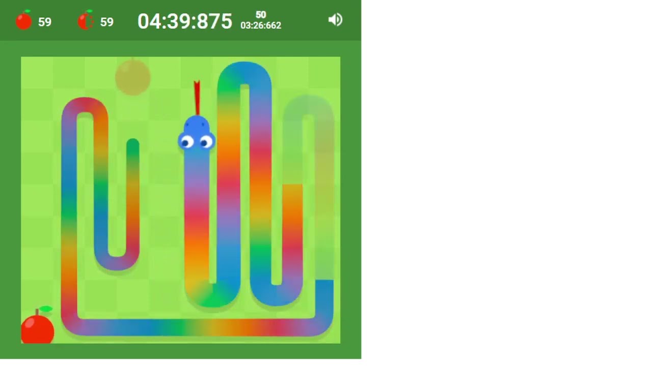 Google Snake Game 69 apples in dimension mode speedrun in 6:09.619 