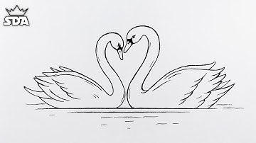 how to draw two swans making a heart