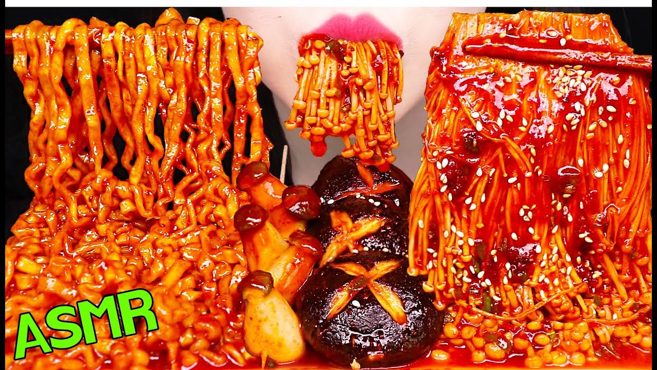 ASMR SPICY ENOKI MUSHROOMS, SPICY NOODLES 매운 팽이버섯, 매콤 볶음면 라면 먹방 EATING SOUNDS