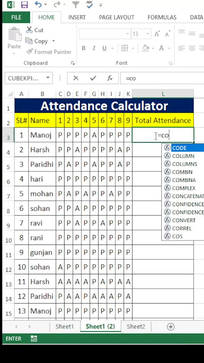 countif formula in excel | attendance count formula in excel | shorts