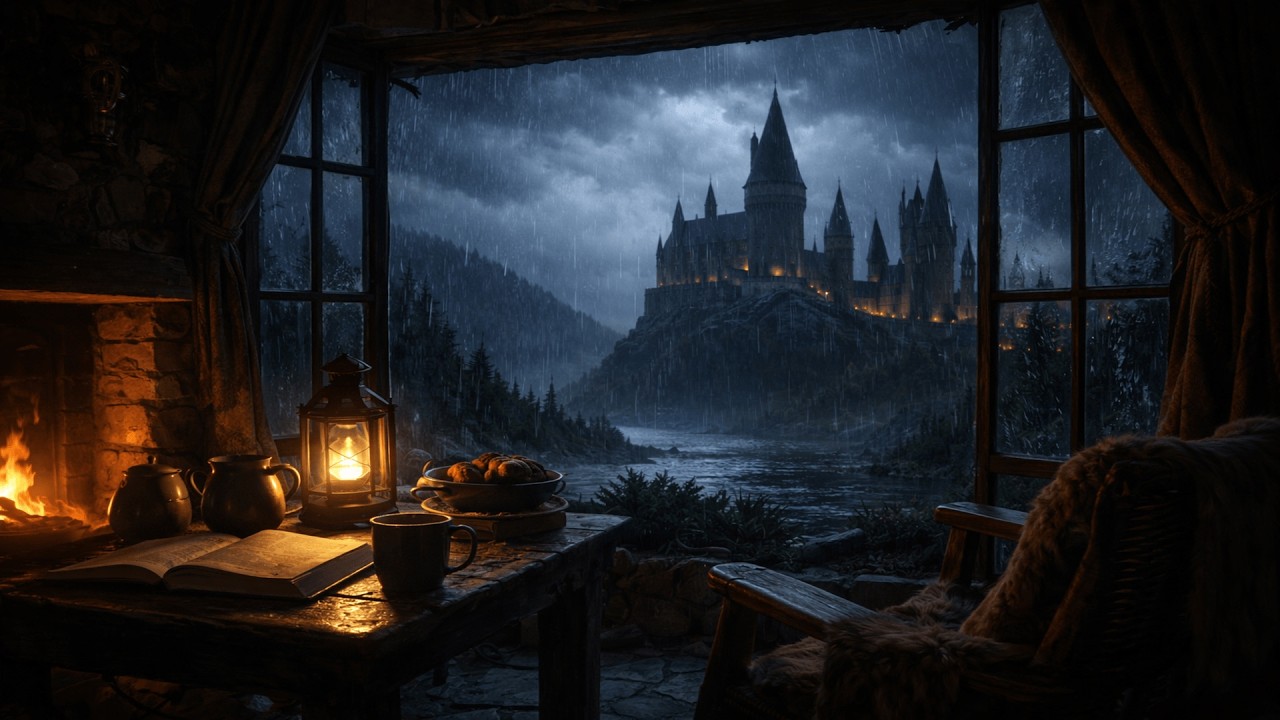 Hogwarts-Style Castle Rain 10 Hours Dark Screen 🌧️ Deep Sleep Rain & Thunder Black Screen