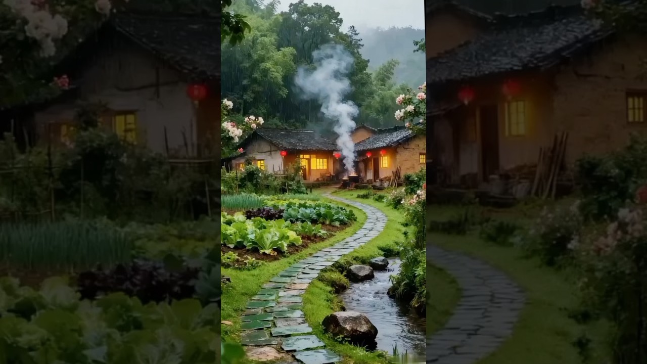 Mountain Village with Smoke from the Chimney