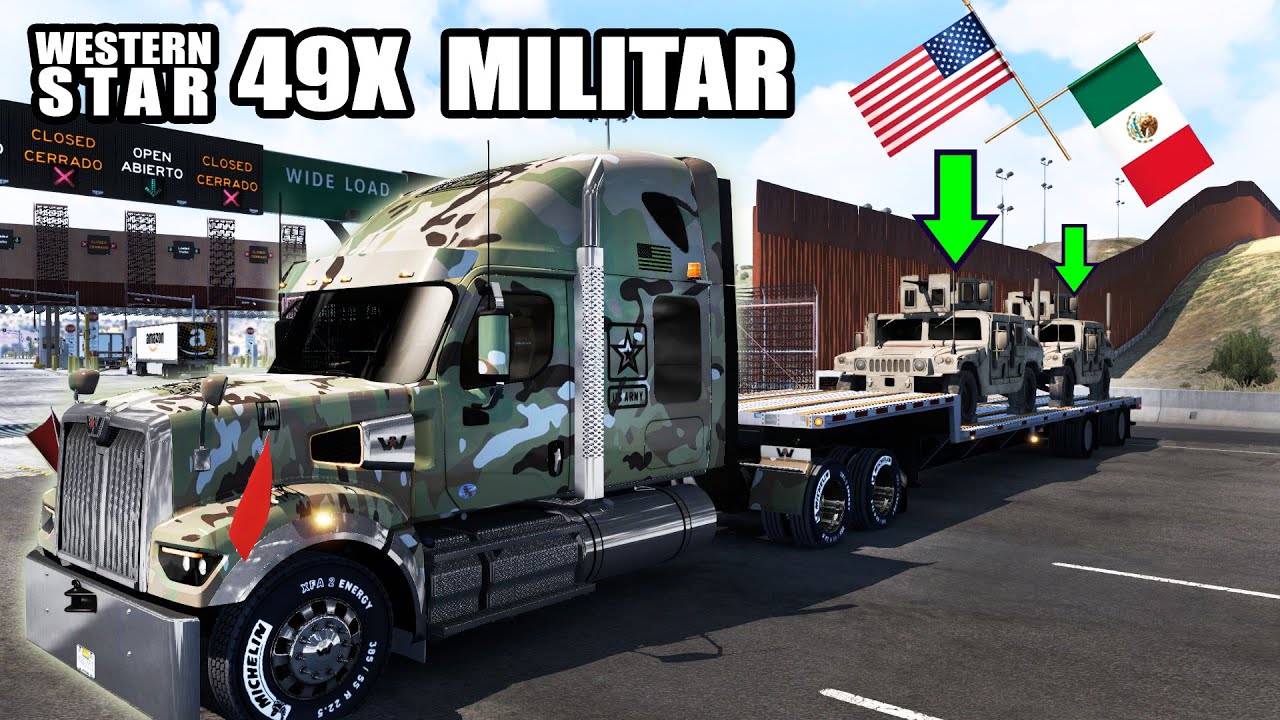 Camión CAMUFLAJEADO Transportando Vehiculos ARMY USA en la FRONTERA American Truck Simulator