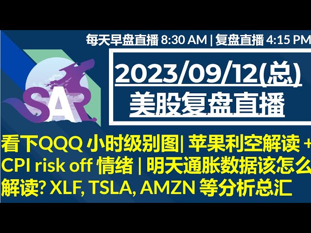 美股直播09/12[复盘] 看下QQQ 小时级别图| 苹果利空解读 + CPI risk off 情绪 | 明天通胀数据该怎么解读? XLF, TSLA, AMZN 等分析总汇