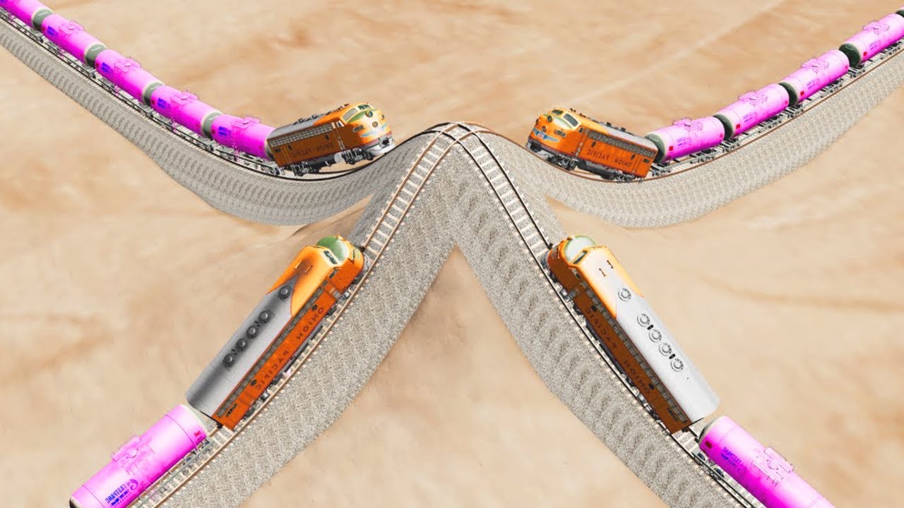 Trains Vs Impossible Hill Climb Crossover Rail Tracks - BeamNG.Drive