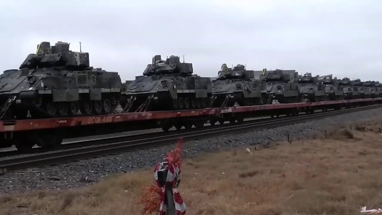 Tanks and military equipment, delivered on a train in America, March ...
