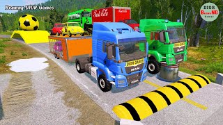 Double Flatbed Trailer Truck vs speed bumps|Busses vs speed bumps|Beamng Drive|579
