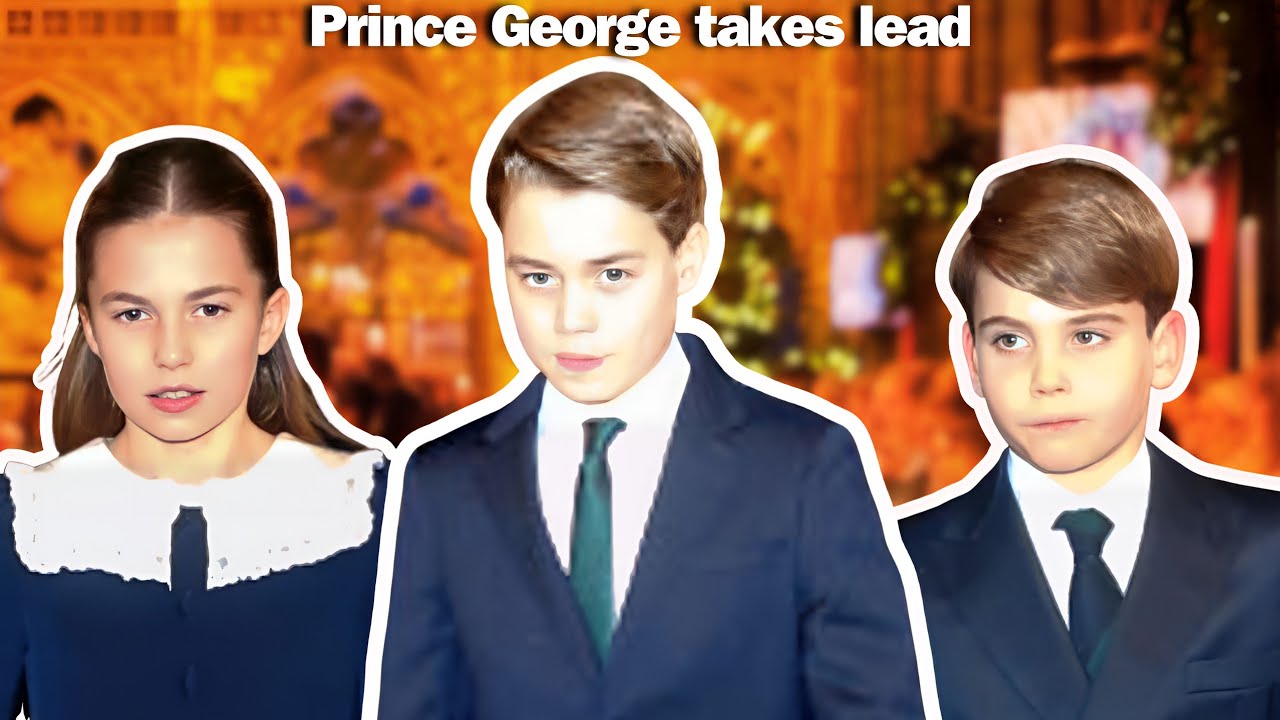 Принц Джордж идет впереди, присоединяясь к своим братьям, сестрам и родителям в Вестминстерском а...