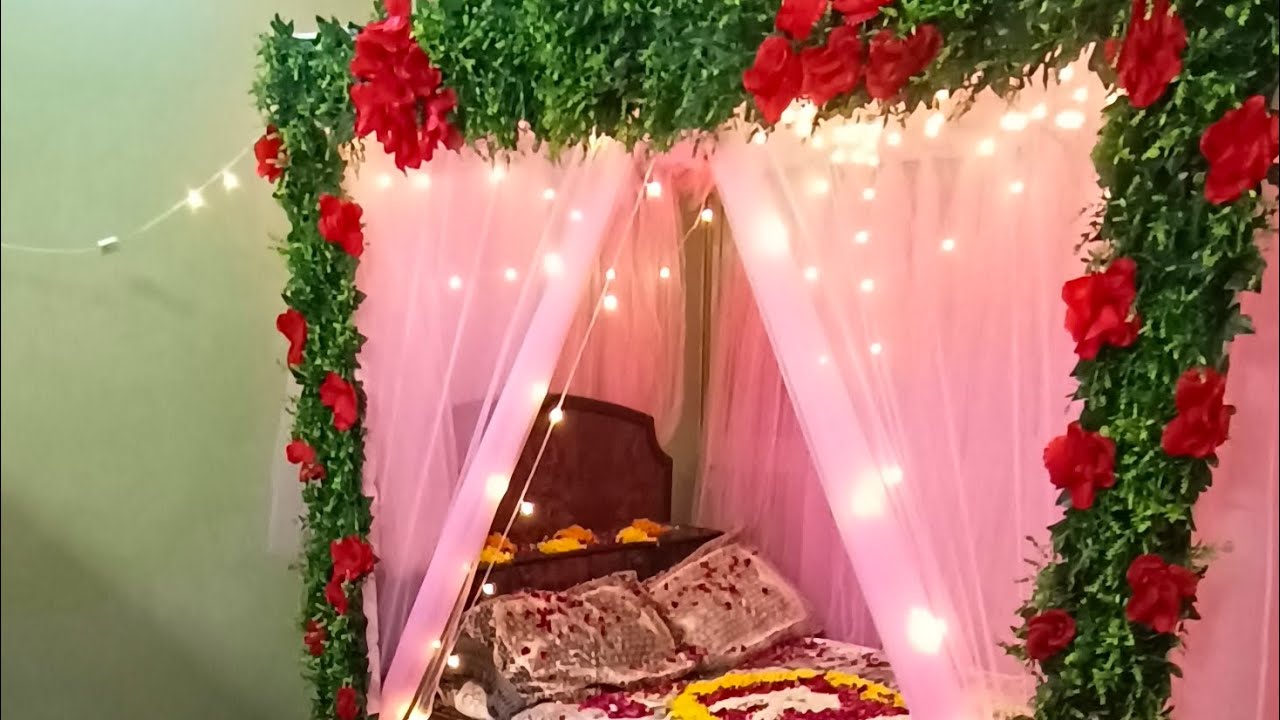 First night room decoration wedding night room decoration wedding bed decoration Just Married