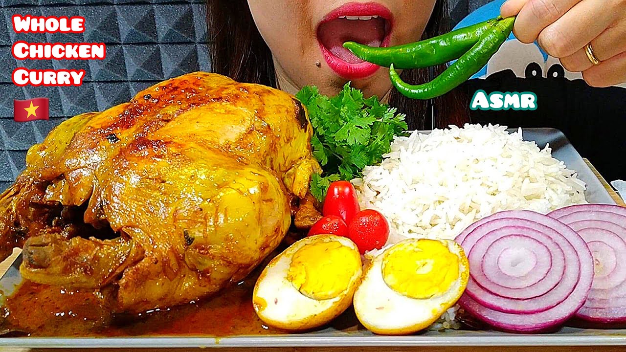 ASMR EATING WHOLE CHICKEN CURRY + RICE + EGG + ONION + HOT PEPPER 먹방