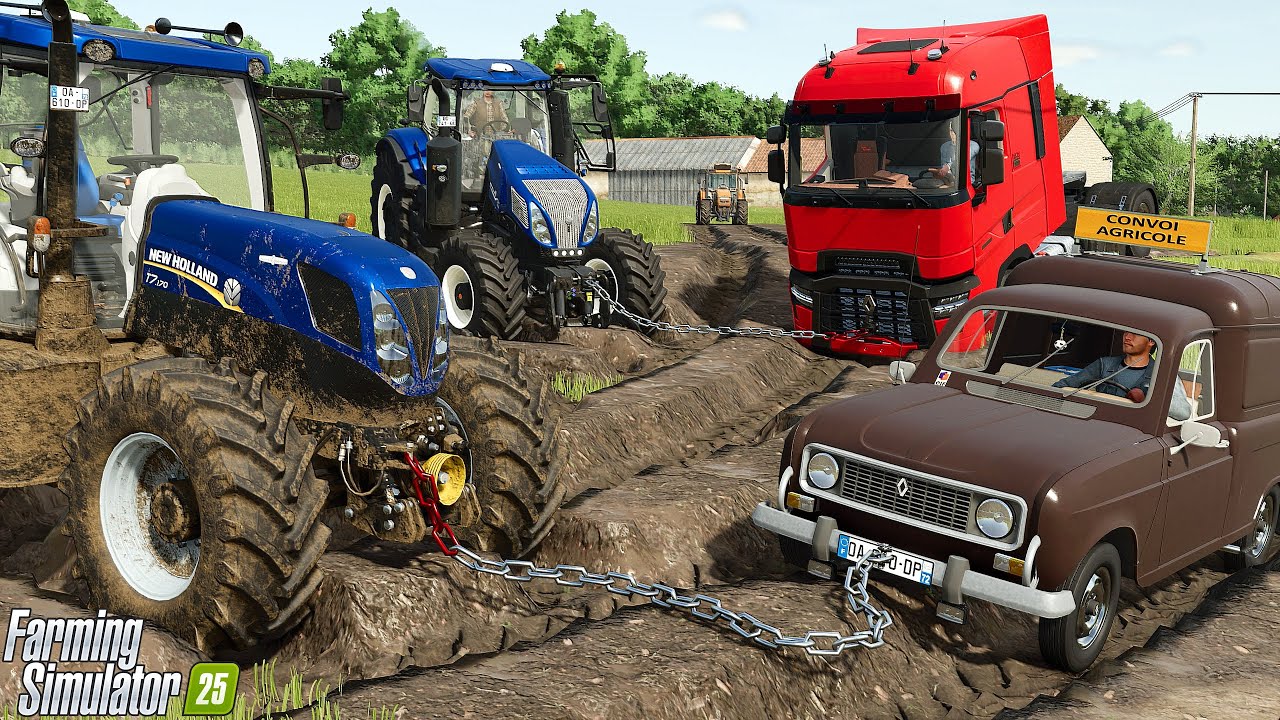 New Holland Rescue, Pulling a Renault 4L & Semi Truck Out of Deep Mud│Pichonnière Valley│FS 25