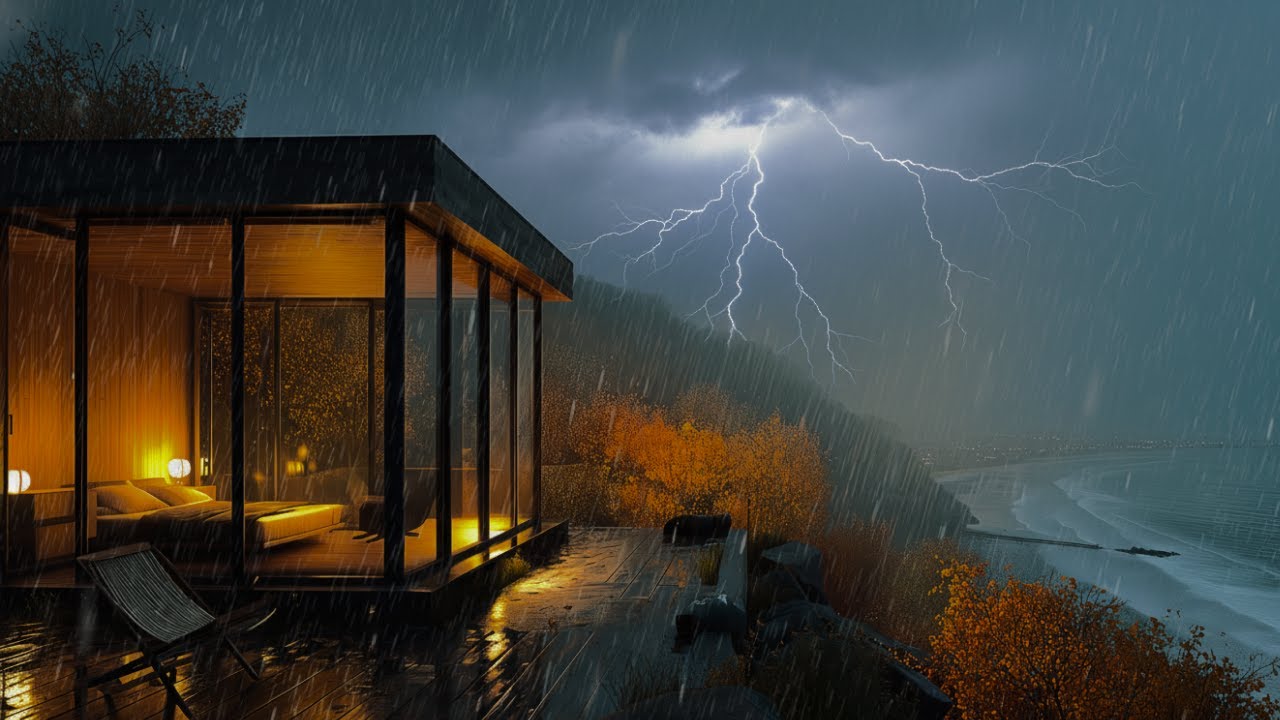 Гром и Волны у Уютного Домика – Ночная Прибрежная Гроза (8 часов) | Без рекламы