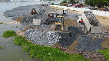 New Update! Best Team Operator Bulldozer, Wheel Loader, Dump Truck Work Moving Stone into Deep Water