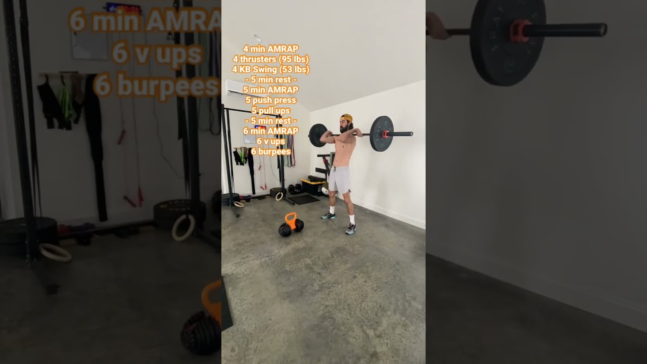 Intense AMRAP CrossFit workout - thrusters, swings, push press, pull ups, v ups & burpees. Full body