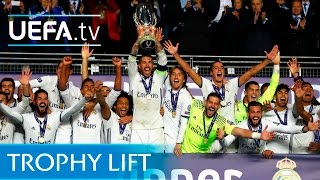 Watch sergio ramos lift the uefa super cup trophy after real madrid
beat sevilla 3-2 in trondheim.
