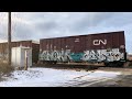 An eastbound freight train and a westbound Charger trainset pass on CN’s Kingston Sub | Dec. 5, 2025