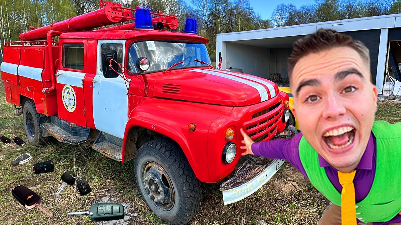 FireMan Mr. Joe on Fire Truck found Car Keys of Camaro in Car Service - Educational video for Kids