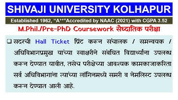 PhD Exam Pre PhD Course Work MPhil Exam Updates 2023 Shivaji University Kolhapur